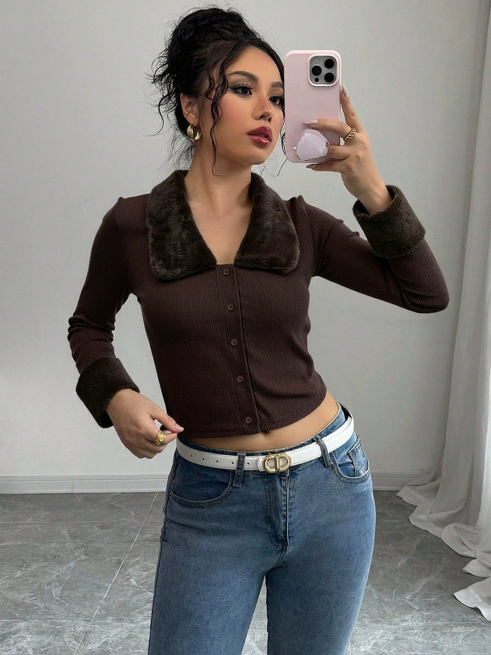 ZARA New Womens Retro Fur Collar Sexy Cropped Long Sleeve Top Autumn Winter